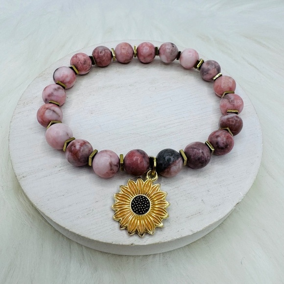 Pink Beaded Bracelet w/ Sunflower Charm - Picture 2 of 5